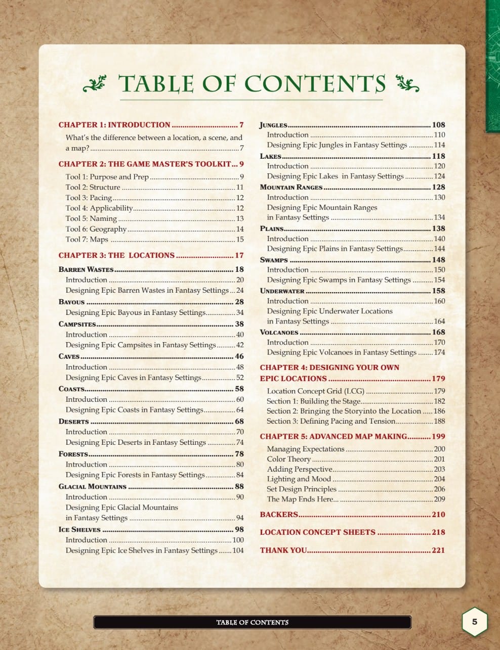 the creators guide to epic locations table of contents of the book