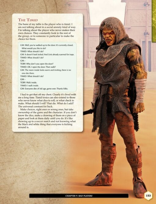 an page extract of the book the practical guide to becoming a great player, showing artwork, focusing on roleplaying characters